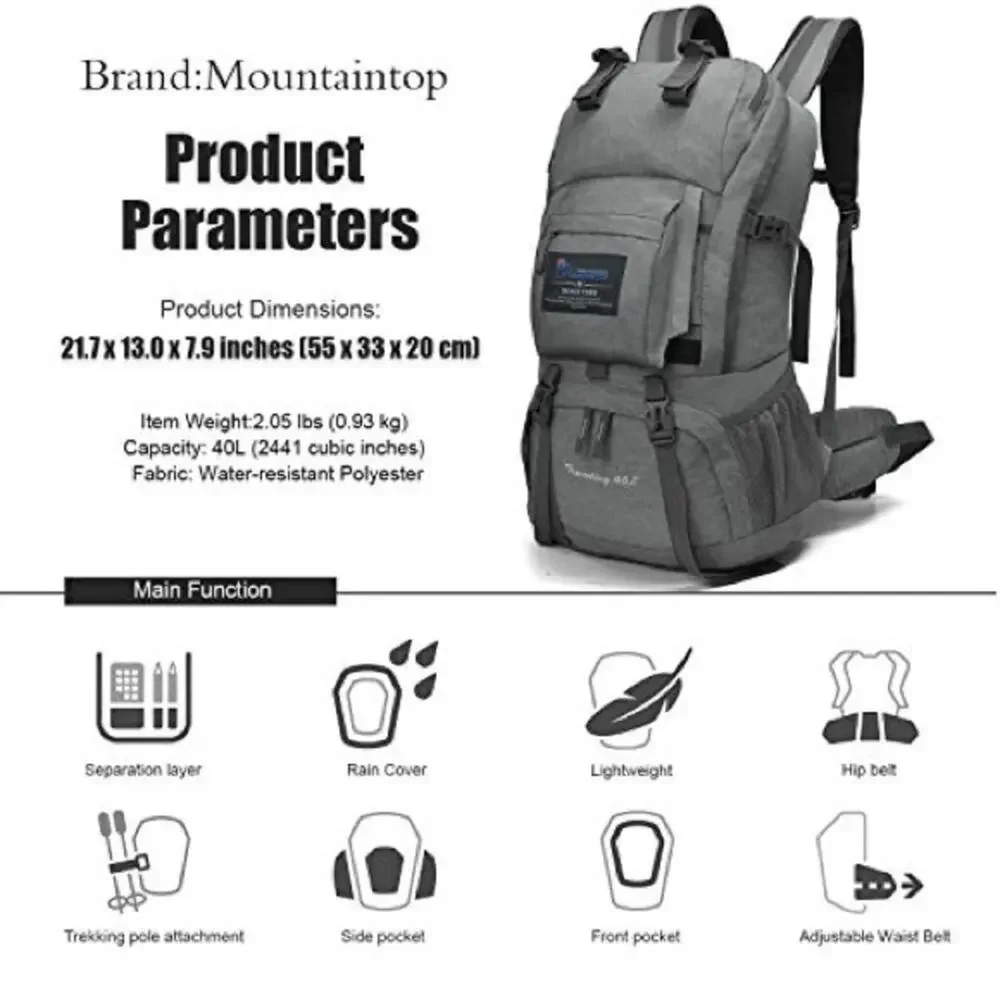 MOUNTAINTOP Silver Grey Hiking Camping Travel Outdoors Backpack Bag Pack Pockets